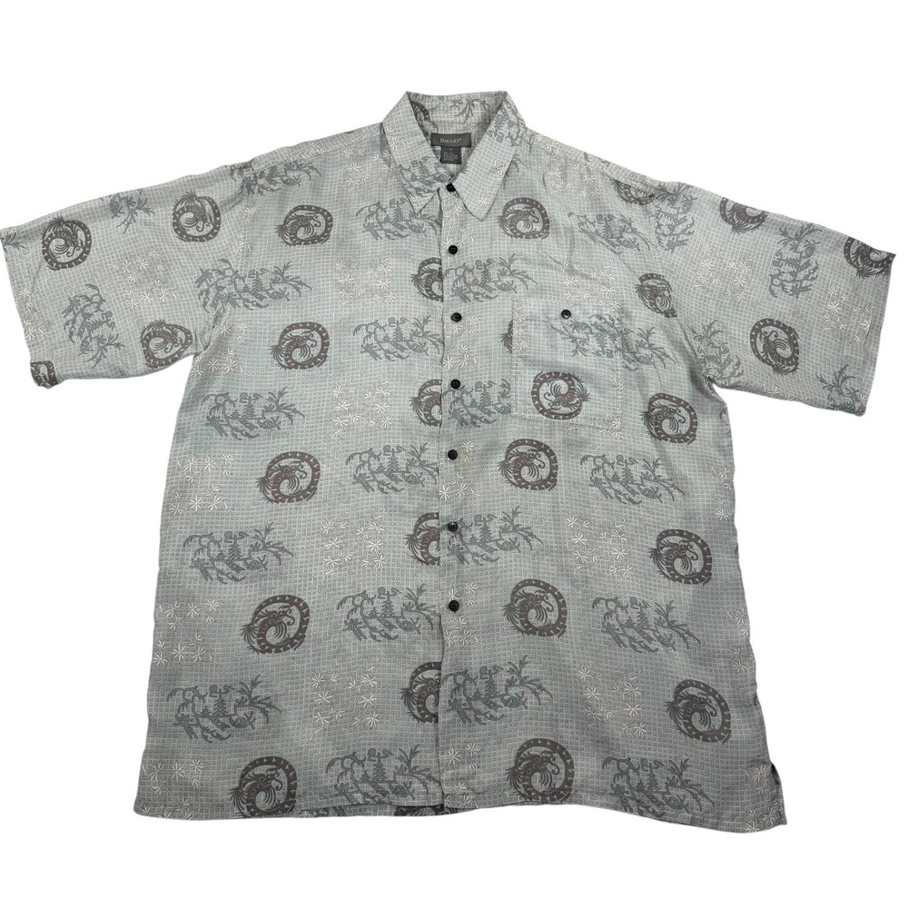 Bruno 100% Silk Button Up Shirt XL Gray Dragon Print Camp Hawaiian Y2K